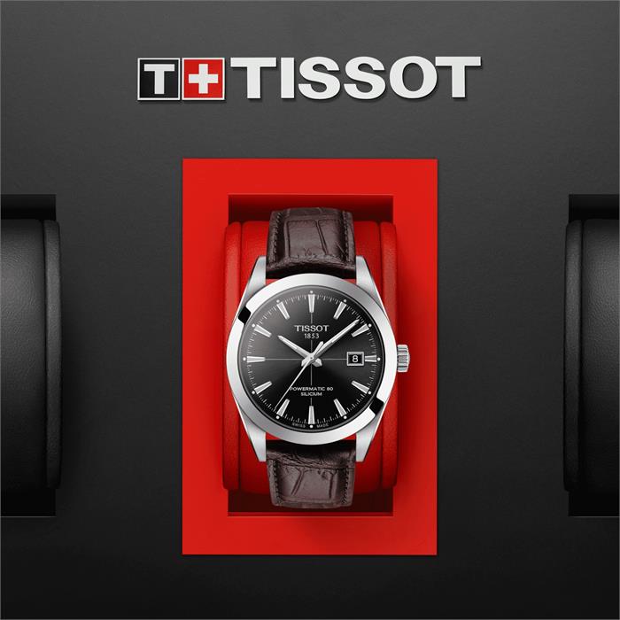 tissot mens gentleman auto stainless steel dress watch brown t1274071605101 Tissot Gentleman Powermatic 80 Silicium Black Dial Brown Leather Strap Watch  For Men Watch for Men