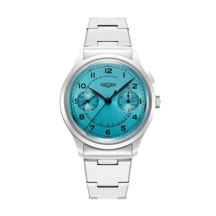 166サイコフラワー Vulcain Monopusher Heritage Turquoise Chronograph Mekanik Erkek