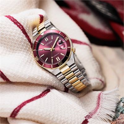希少 CITIZEN 6角型 赤ライン P100-311493 レトロ スクエア Citizen Tsuyosa Shore Coral Red NJ0234-58X Otomatik Erkek Kol